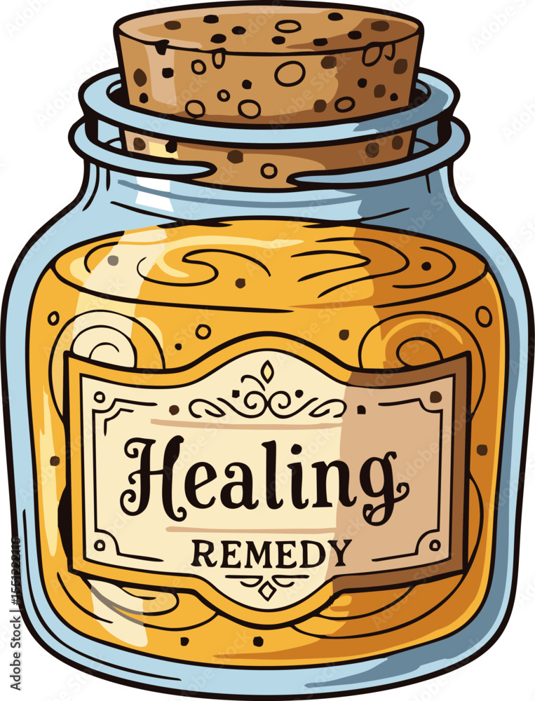 Cartoon Healing Remedy Jar with Cork Stopper and Golden Liquid Cartoon Healing Remedy Jar with Cork Stopper and Golden Liquid