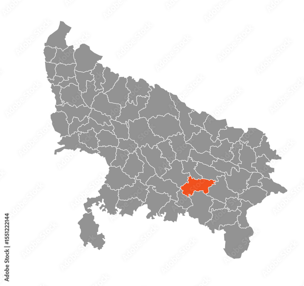 Fototapeta premium Pratapgarh District Highlighted in Uttar Pradesh State Map of India