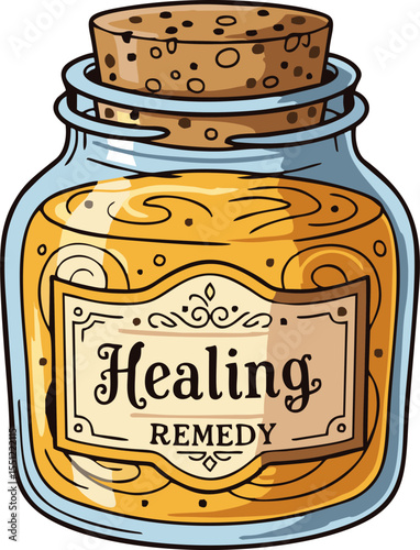 Cartoon Healing Remedy Jar with Cork Stopper and Golden Liquid