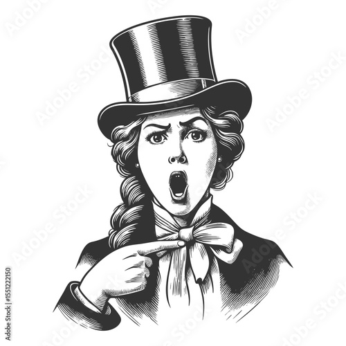 shocked woman in vintage suit and top hat, pointing at herself with wide-eyed surprise sketch engraving generative ai fictional character vector illustration. Scratch board. Black and white image.