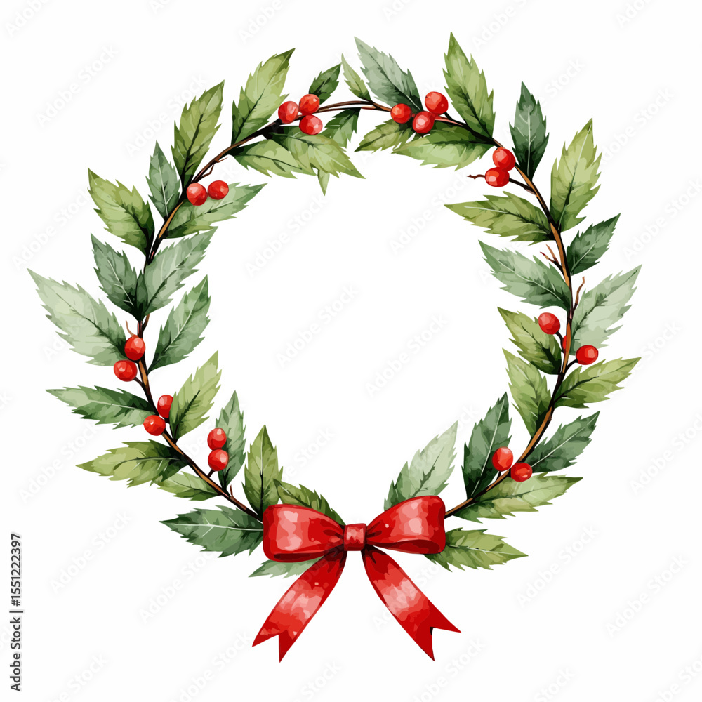 Fototapeta premium Holiday wreath with holly leaves and red berries decorated with bow 