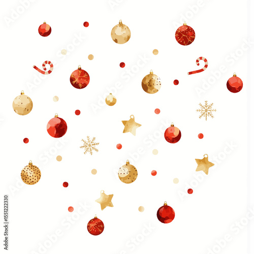 Holiday ornaments and decorations in red and gold on white background  