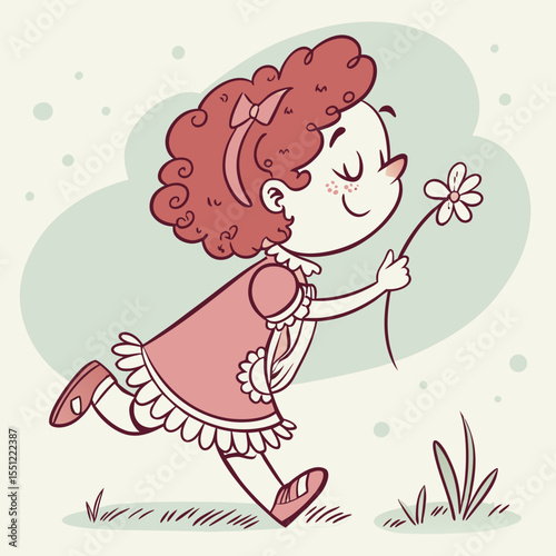 Vintage styled cartoon illustration of a joyful girl smelling flower outdoor