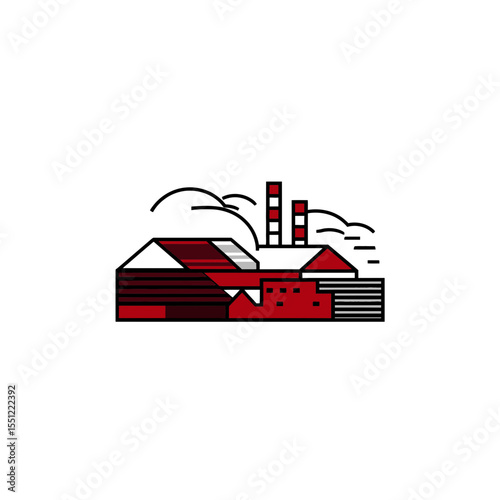 Red factory emits smoke inside modern abstract industrial landscape depiction with design