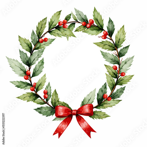 Holiday wreath with holly leaves and red berries decorated with bow  