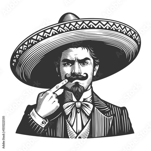 man in a large sombrero, dramatically pointing at his curled mustache with intensity sketch engraving generative ai fictional character vector illustration. Scratch board imitation. Black and white.