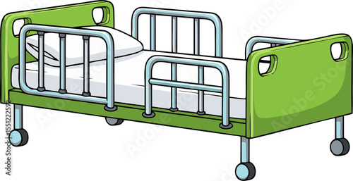 Cartoon hospital bed with green frame, silver rails, white sheets and pillow
