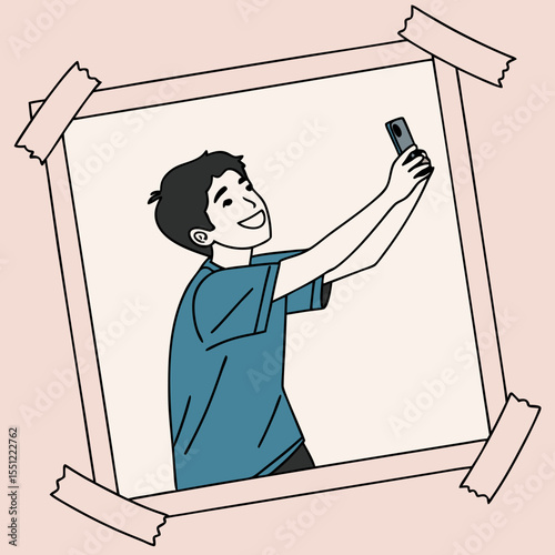 Whimsical snapshot illustration of a happy young man capturing a selfie moment