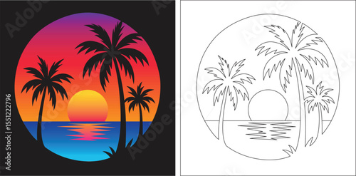 Silhouette palm trees at sunset with water reflection in a circle and line art version beside it