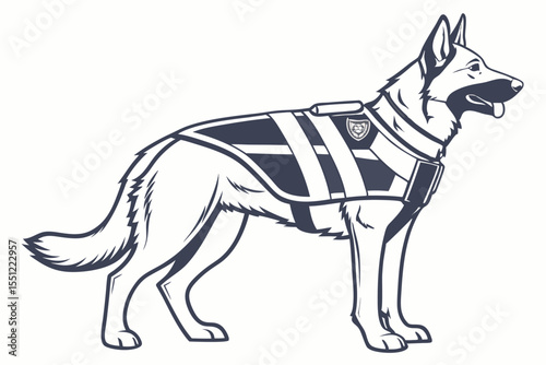 Majestic German Shepherd Standing Proudly Wearing Tactical Vest A Symbol of Loyalty and Service in Detailed Line Art