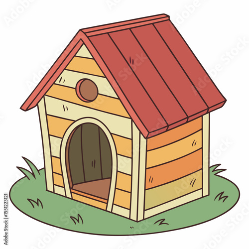Stylized doghouse illustration with red roof and wooden stripes, pet shelter