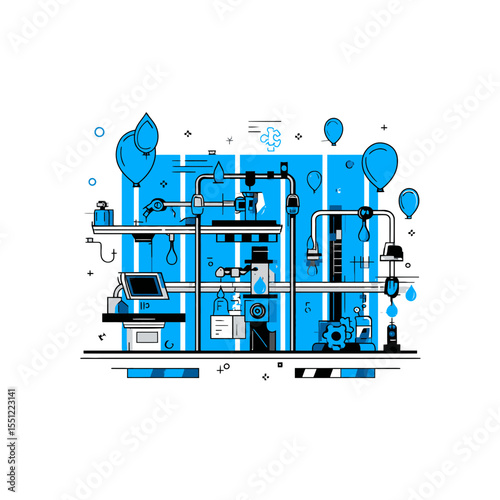 Abstract machinery conveys fluids across industrial backdrop monochrome design
