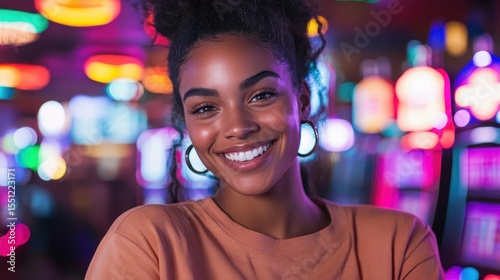 A joyful woman smiles brightly in a vibrant casino setting, adorned with colorful neon lights, capturing the essence of excitement and entertainment in nightlife.