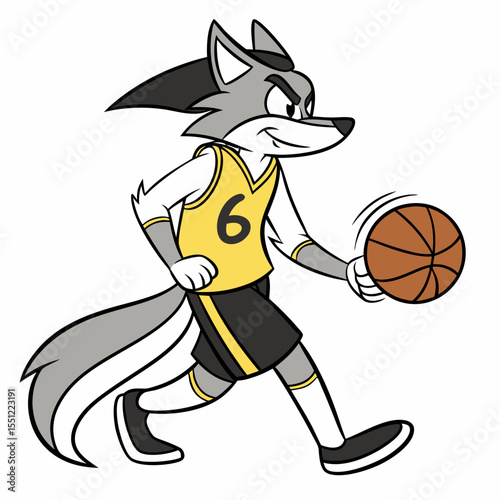 Cartoon wolf athlete dribbling basketball for competitive sporting events