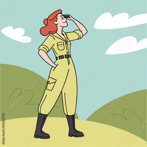 Confident explorer standing on a hilltop, seeking new horizons with determination