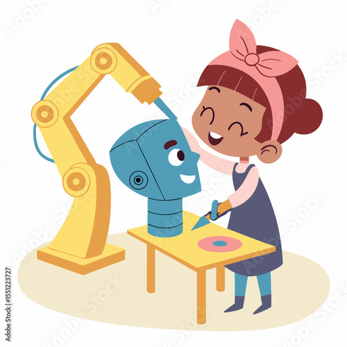 Girl collaborating with automated technology, shaping a robot's head with artistry