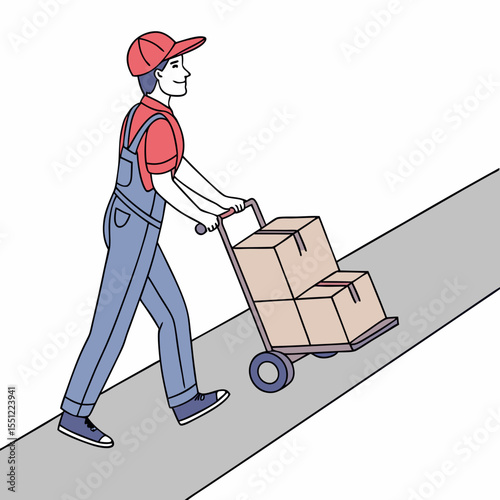 Delivery Worker with Boxes on a Hand Truck Ascending a Sloped Surface Illustration