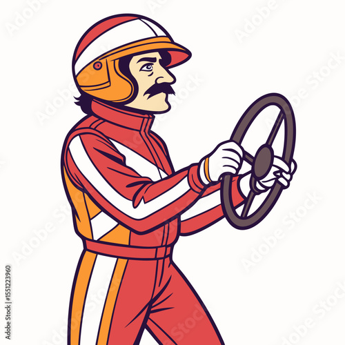 Vintage racing driver focused on the track with classic attire illustration