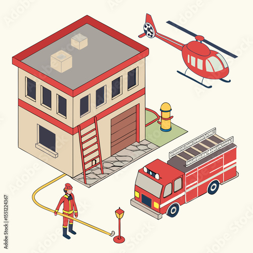 Isometric representation of a fire station with truck, helicopter, and firefighter
