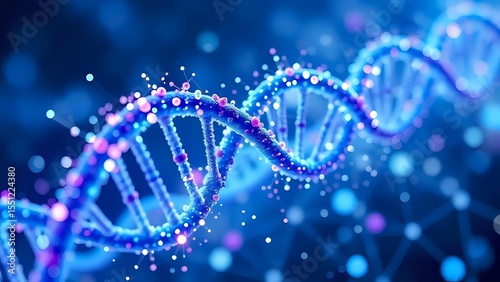 Abstract Blue and Pink DNA Double Helix with Glowing Particles and Bokeh Background