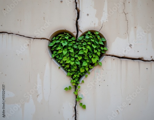 a cracked concrete wall with a bright green vine growing through the center, forming the shape of a heart, symbolizing nature's quiet persistence. photo