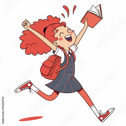 Excited schoolgirl celebrating success with book after overcoming challenges
