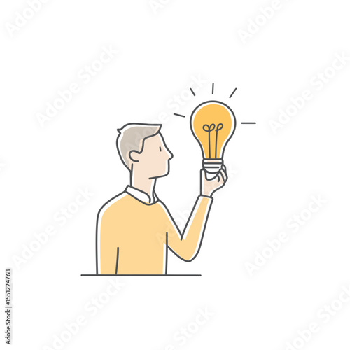 Man holds glowing lightbulb indicating idea on white background innovation illustration