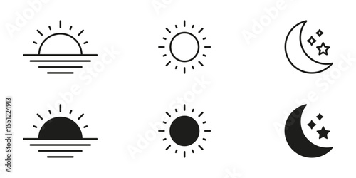 Sunrise, Sun, And Moon Line And Solid Icon Set. Day And Night Cycle, Weather, And Time Symbol Collection. Celestial Phenomena And Natural Rhythms. Isolated Vector Illustration