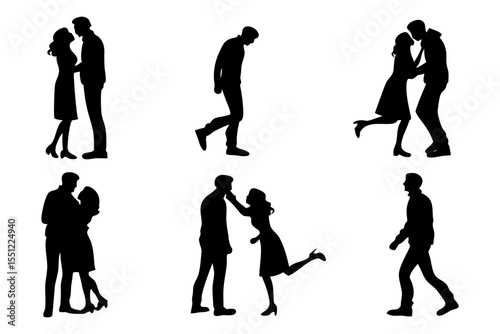 Romantic Silhouette Collection: A compilation of vector silhouettes depicting intimate moments of love, affection, and longing between couples.