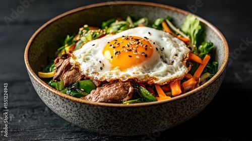 A nutritious bowl filled with vibrant vegetables, tender beef, and a perfectly cooked sunny-side-up egg, representing a healthy and fulfilling meal that appeals to food enthusiasts.