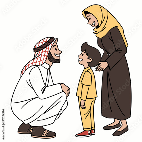 Warm Family Moment: Cartoon Style Illustration of Middle Eastern Family