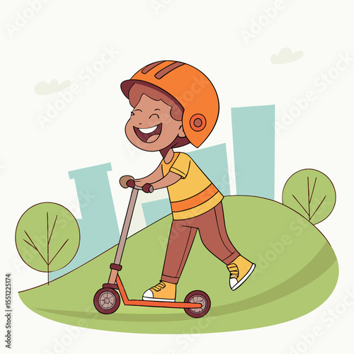 Energetic young boy enjoying a scooter ride in a vibrant, outdoor environment