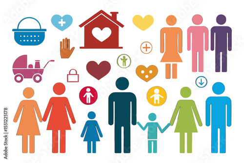 Family and Home Icons: A vibrant and diverse collection of illustrated icons representing family, love, home, and well-being. A heartwarming depiction of various aspects of family life.