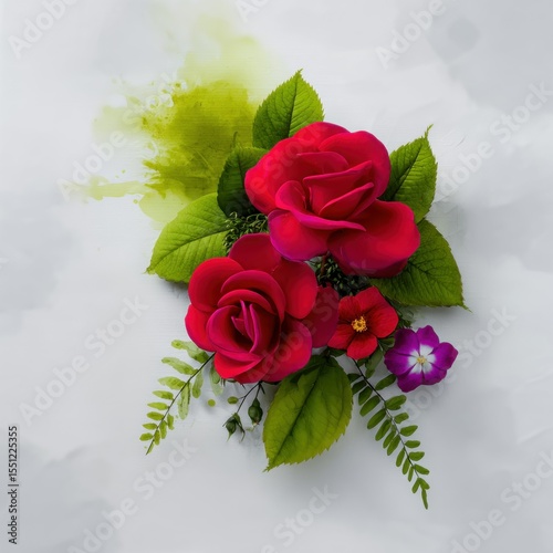 Vibrant Red Roses Watercolor Painting with Green Leaves