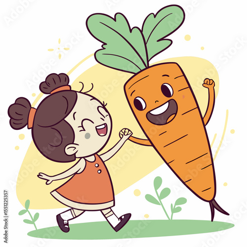 Animated young girl playfully interacts with a happy carrot in vibrant scene