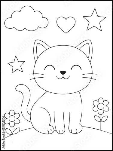 Cute Cat Coloring Page for Kids – Smiling Kitten in a Flower Garden. Ideal for toddlers and preschool kids learning about pets.