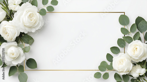 Fototapeta Naklejka Na Ścianę i Meble -  Elegant floral arrangement featuring white roses and green leaves on a clean background, creating a beautiful frame for invitations or announcements with copy space