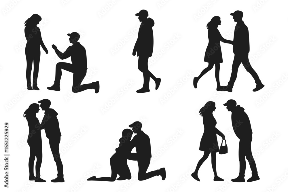 Obraz premium Silhouette Romance: A collection of silhouette figures depicting stages of love, from proposal to embrace, showcasing the tender connection between a couple.