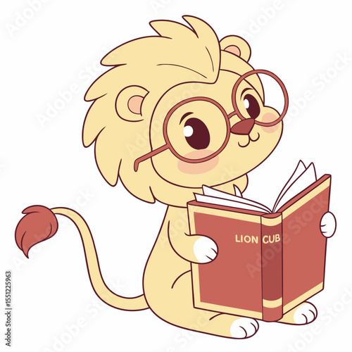 Cartoon lion cub immersed in reading a storybook, wearing round spectacles