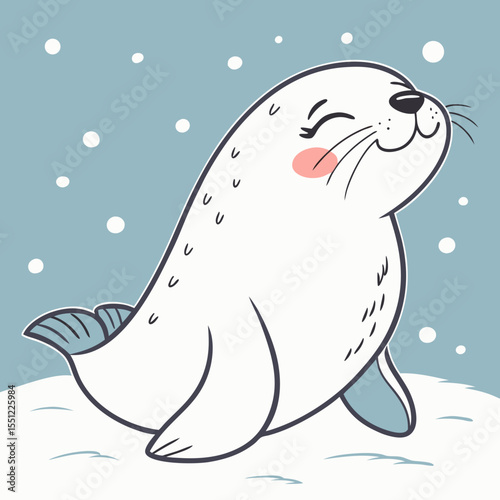 Delightful cartoon seal basking in the snowy landscape, a cute winter image