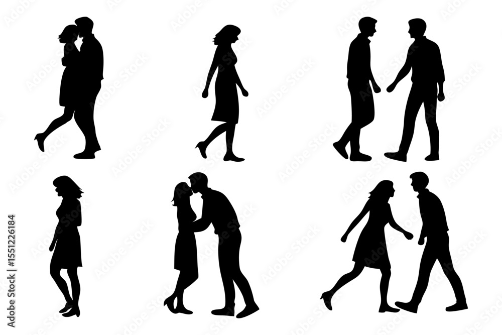 Obraz premium Silhouettes of Intimacy: A collection of captivating silhouettes artfully depict couples in various tender moments. A testament to the powerful bonds of love and the simple beauty of connection. 