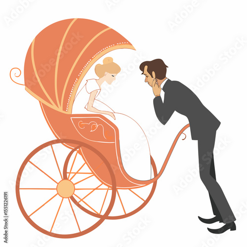 Sentimental gaze: Husband lovingly adores his wife seated in decorative carriage