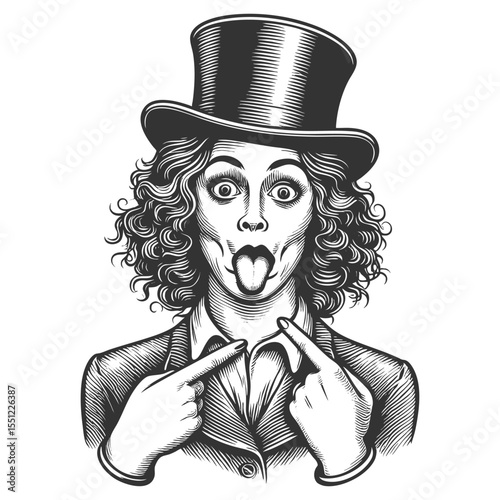woman in a top hat making a silly face and pointing at herself sketch engraving generative ai fictional character vector illustration. Scratch board imitation. Black and white image.