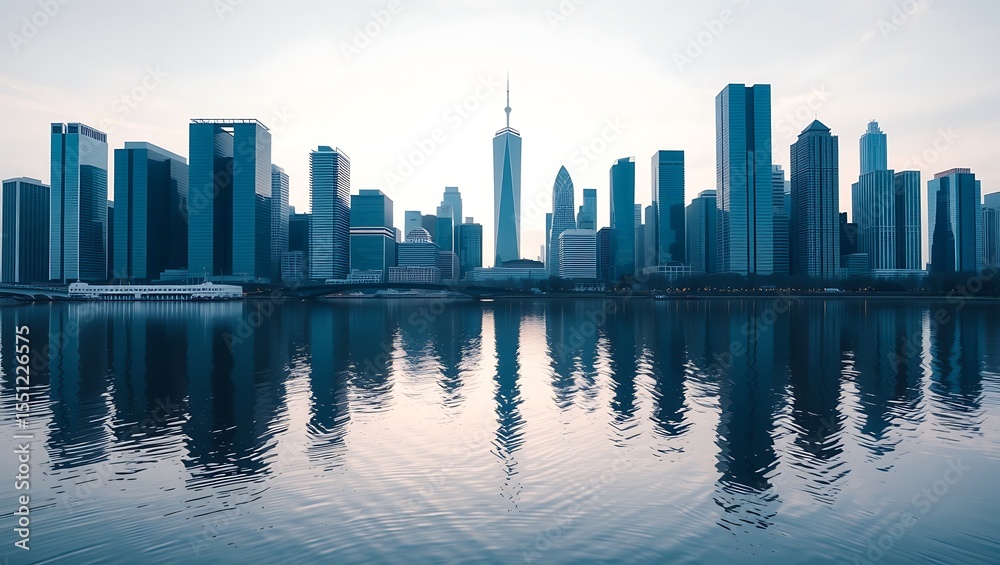Obraz premium Modern city skyline reflected in calm water at dawn