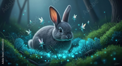 Enchanting Dark Forest Scene Featuring a Fluffy Rabbit Surrounded by Mystical Glowing Flora and Tiny Luminescent Fairies