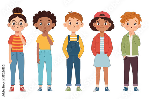 Kids' Thoughtful Reflections: A diverse group of children, each in unique outfits, stands deep in thought, suggesting a world of curiosity, imagination, and budding brilliance. 