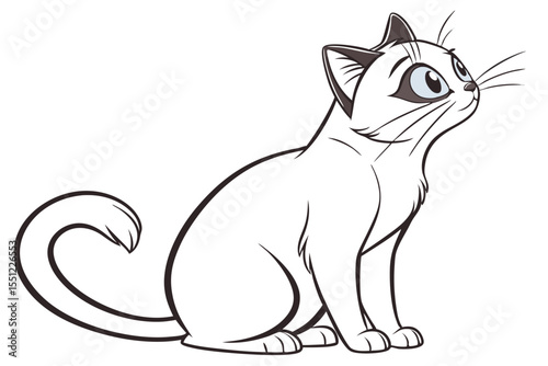 Elegant Feline Friend A Cartoon Cat Sitting Gracefully and Looking Upward with an Inquisitive Gaze and Curled Tail
