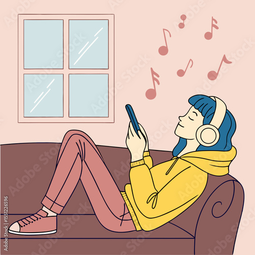 Relaxed woman listening music enjoying leisure time indoor scene illustration