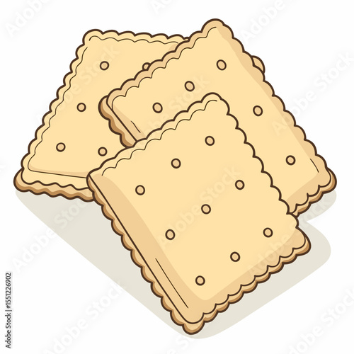 Illustrative snack of three crispy crackers with scalloped edges and dotted pattern