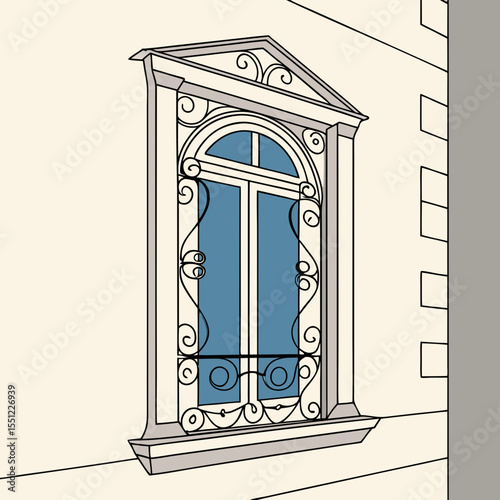 Architectural window facade with ironwork, adding elegance and historic charm